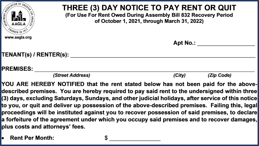 New “Three Day Notice to Pay Rent or Quit” Form Available for Use